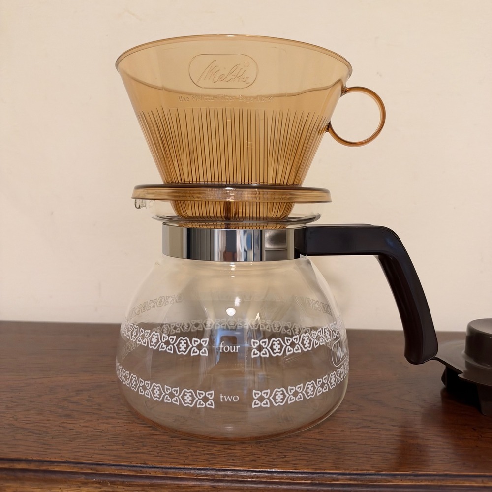 Vintage Melitta Pour Over Coffee Maker Glass Carafe Amber Filter Cone & Lid Set